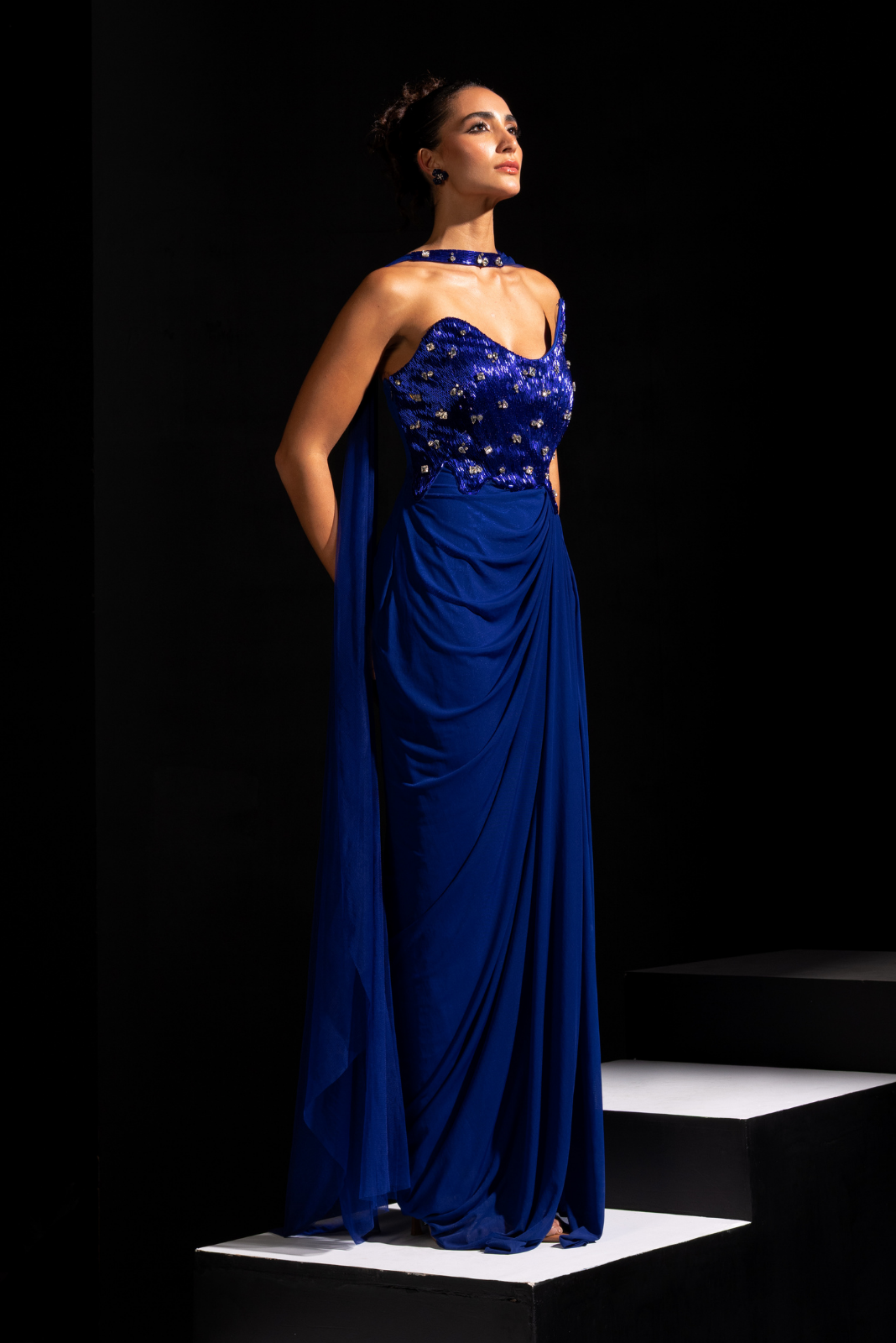 Electric Blue Asymmetrical Bodice Gown with Embroidered Choker - Shock wave