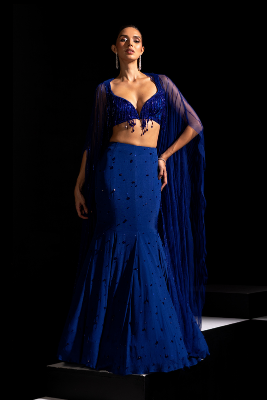 Electric Blue Blouse, Fishcut Skirt with Cape - Sapphire