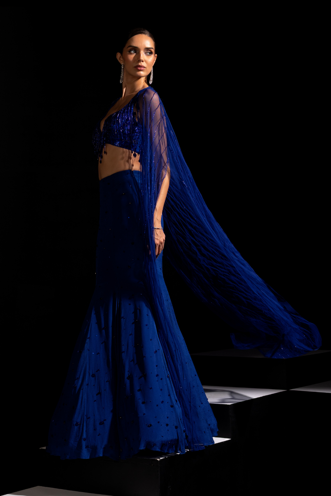 Electric Blue Blouse, Fishcut Skirt with Cape - Sapphire