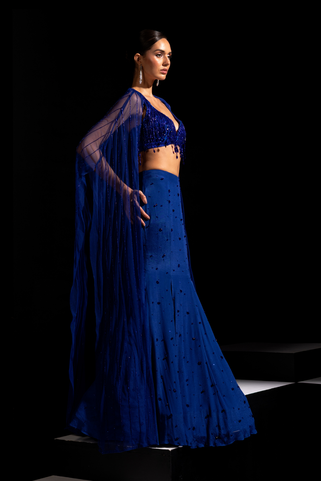 Electric Blue Blouse, Fishcut Skirt with Cape - Sapphire