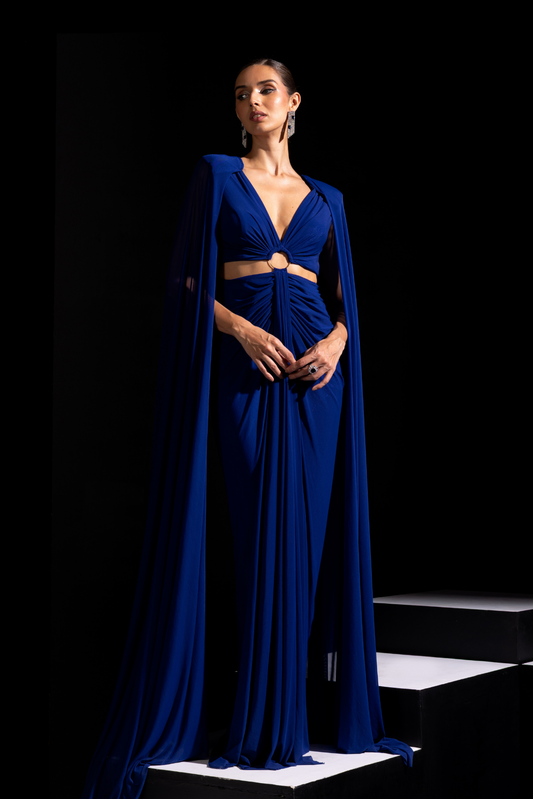 Electric Blue Cut Out Gown with Long Cape Sleeves - Azure