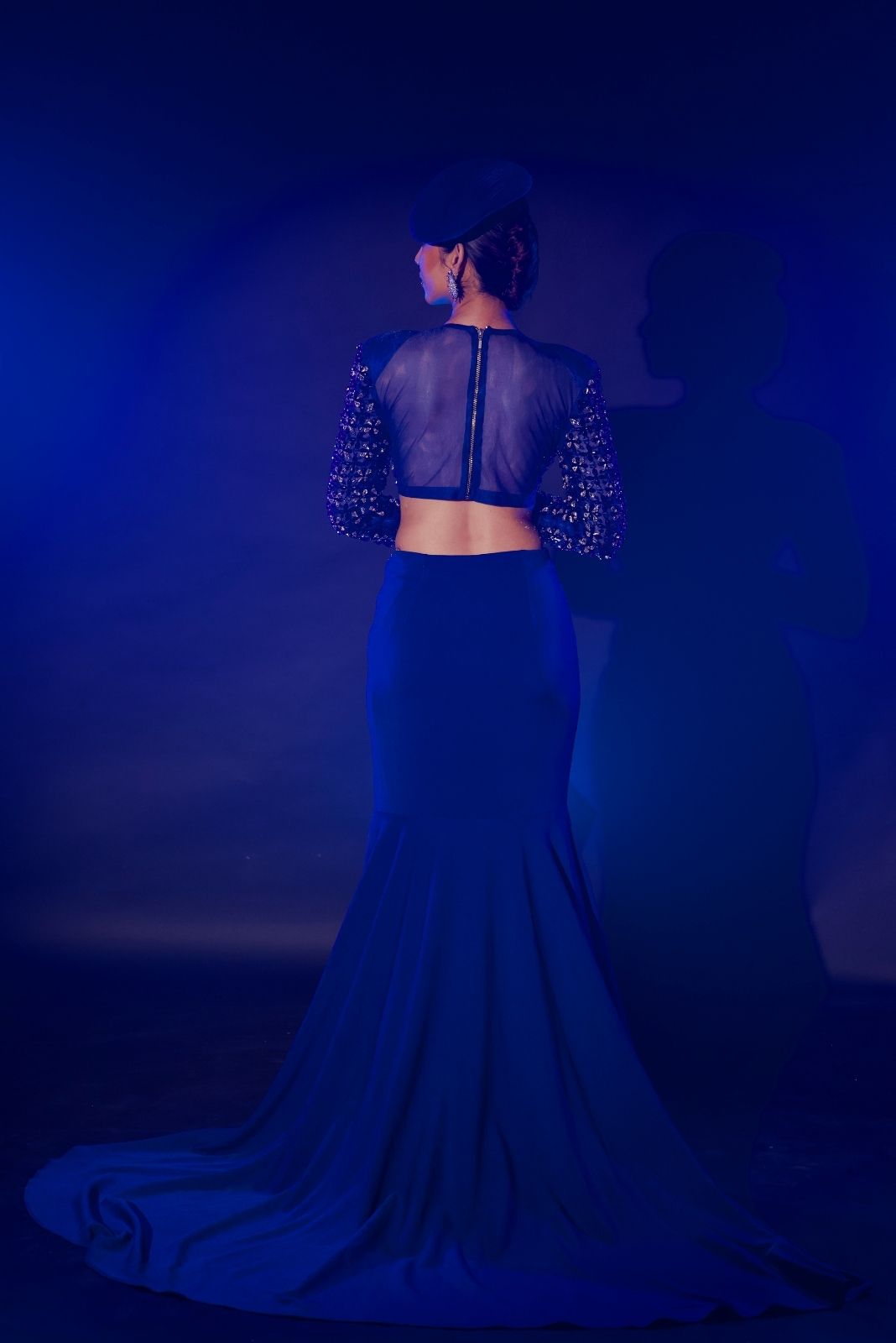 Electric Blue Embellished Blouse With Fish Cut Skirt