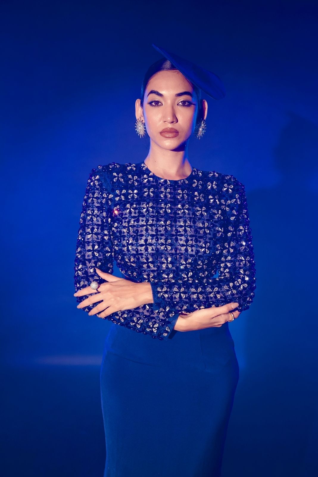 Electric Blue Embellished Blouse With Fish Cut Skirt