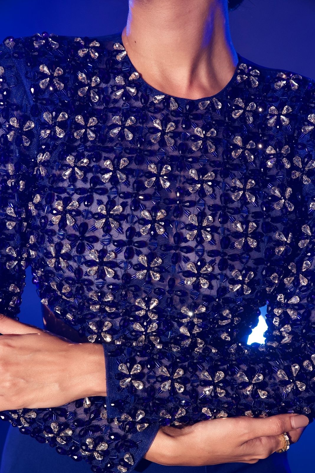 Electric Blue Embellished Blouse With Fish Cut Skirt