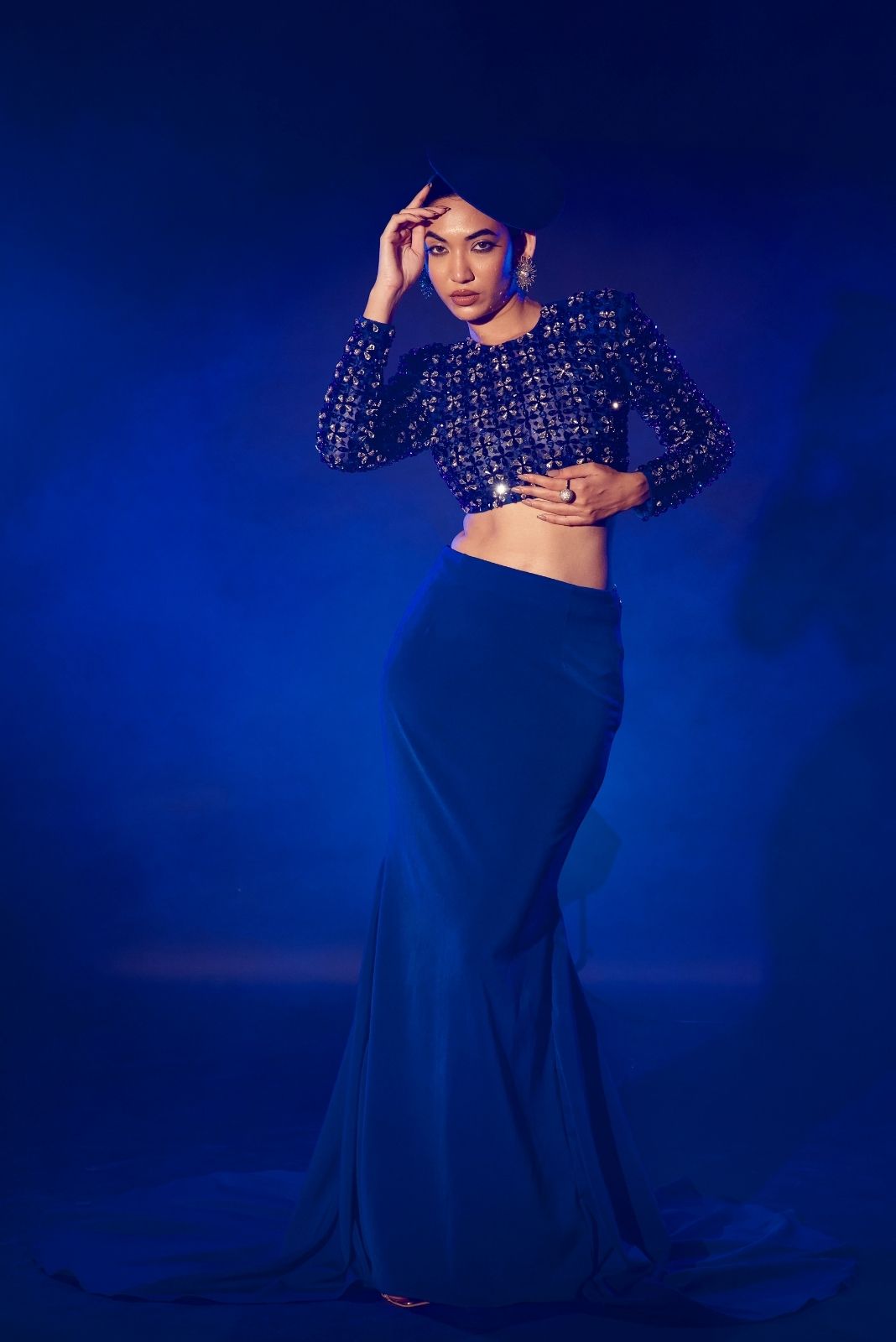 Electric Blue Embellished Blouse With Fish Cut Skirt
