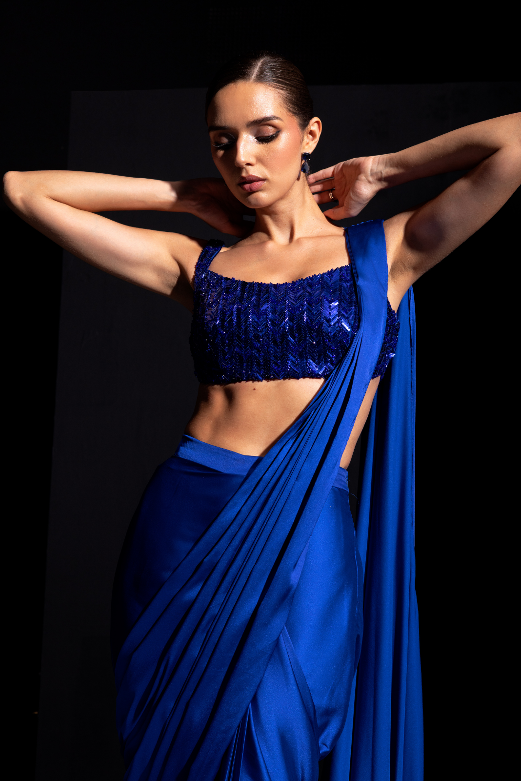 Electric Blue Metallic Embroidery Blouse with Pre draped Saree - Vivid