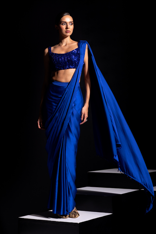 Electric Blue Metallic Embroidery Blouse with Pre draped Saree - Vivid