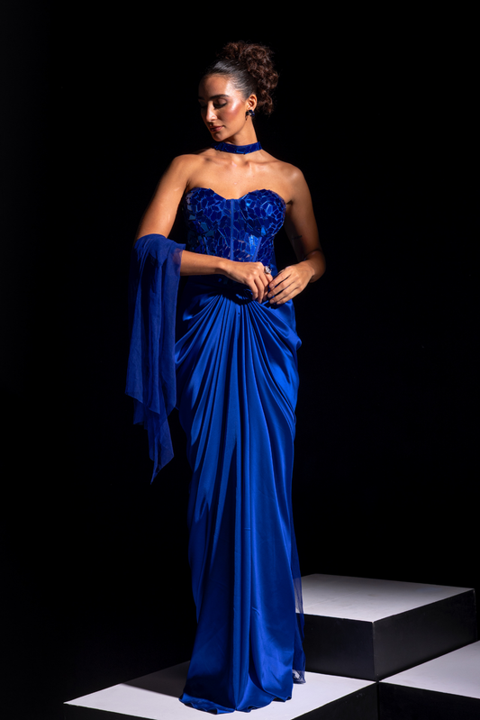 Electric Blue Mirror Work Corset & Skirt Set - Voltage