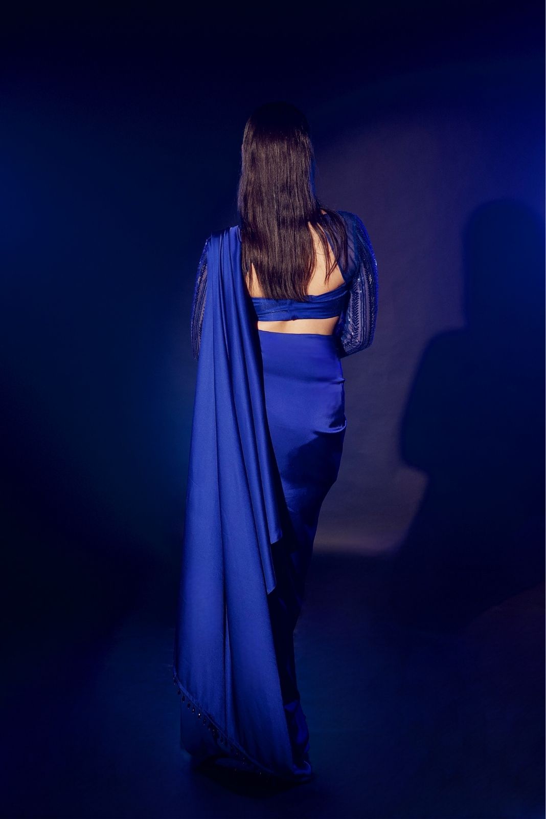 Electric Blue Full Sleeve Pre Draped Saree