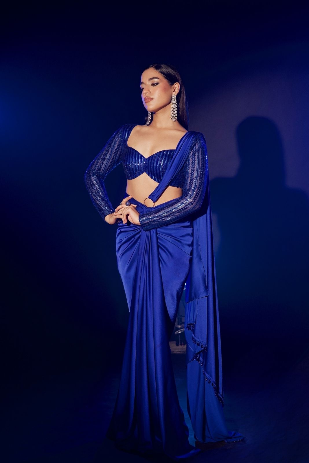 Electric Blue Full Sleeve Pre Draped Saree