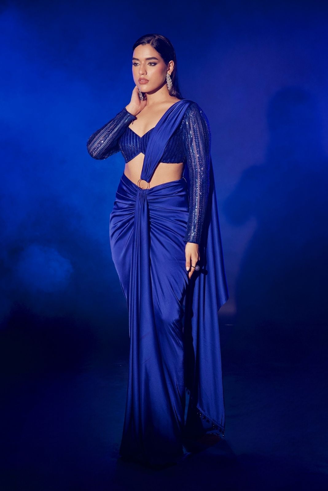 Electric Blue Full Sleeve Pre Draped Saree