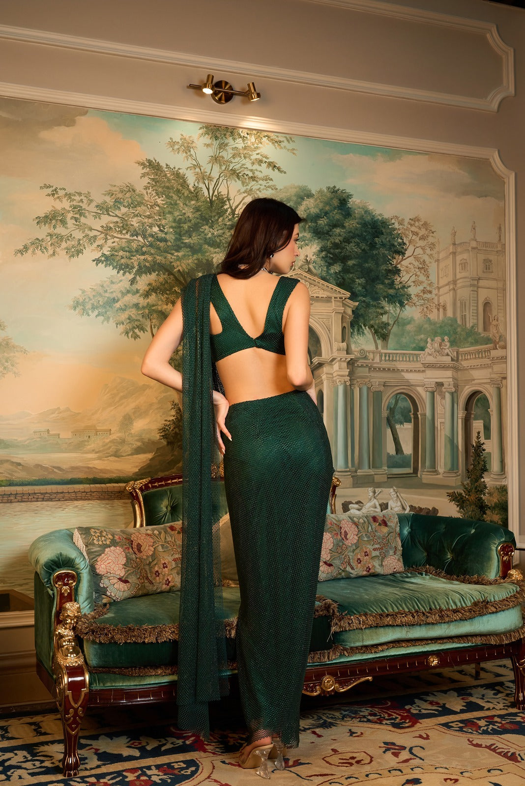 Emerald Green Crystal Pre-Stitched Saree