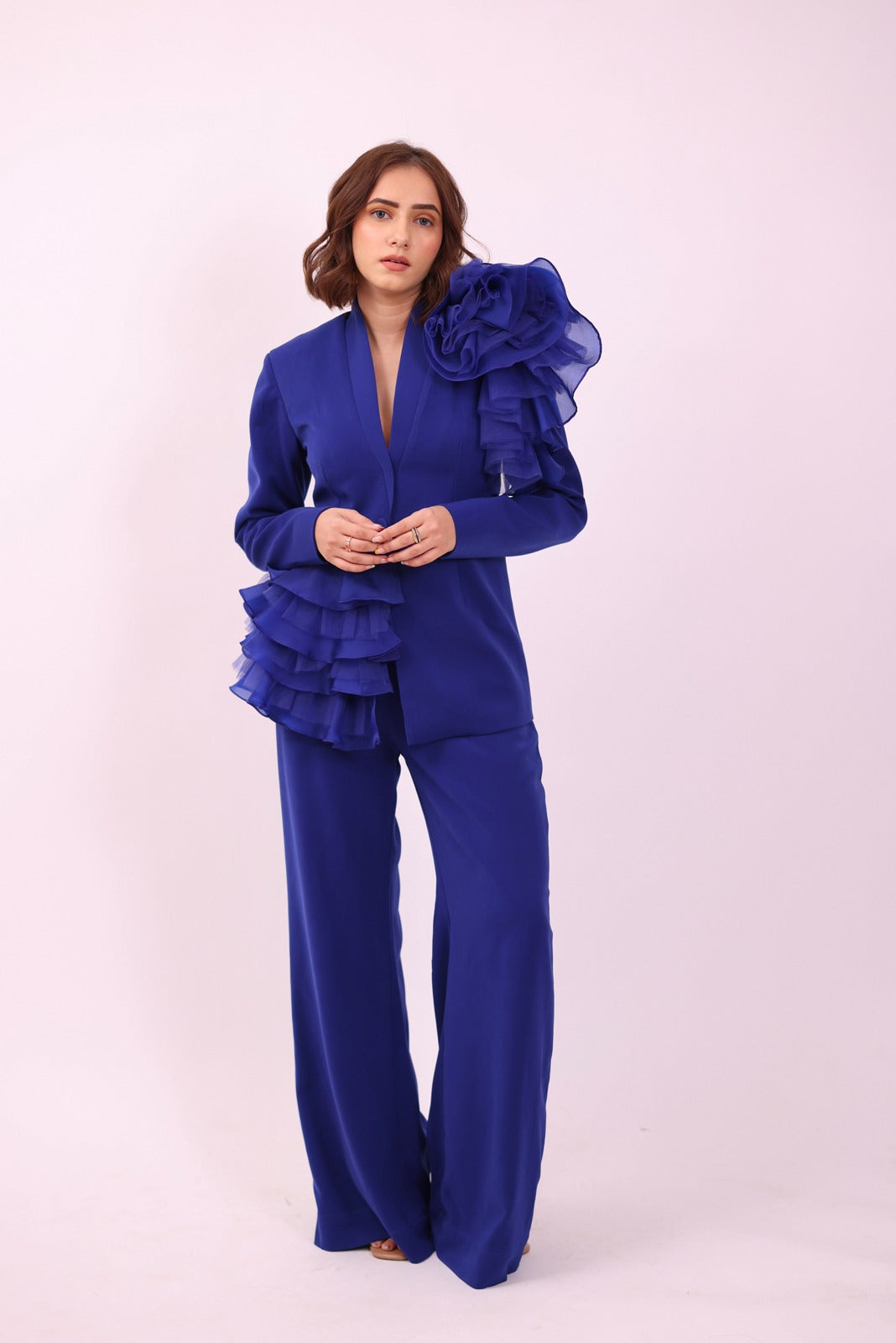 Blue Dramatic Ruffled Blazer Suit -Extrovert
