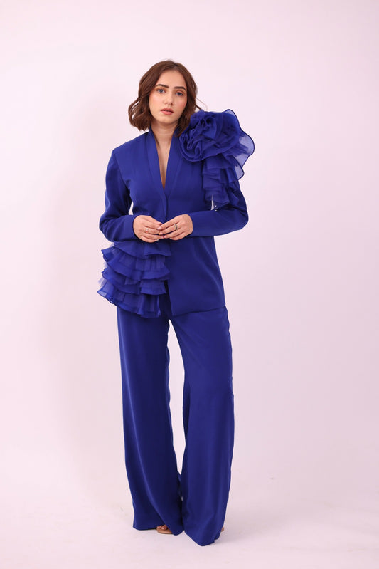 Blue Dramatic Ruffled Blazer Suit -Extrovert