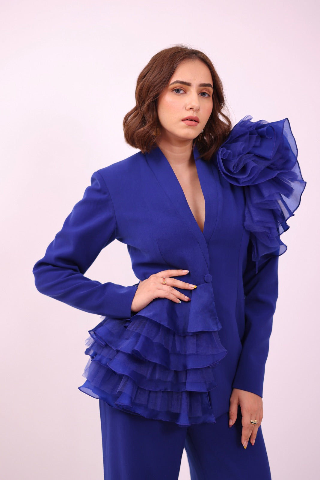 Blue Dramatic Ruffled Blazer Suit -Extrovert