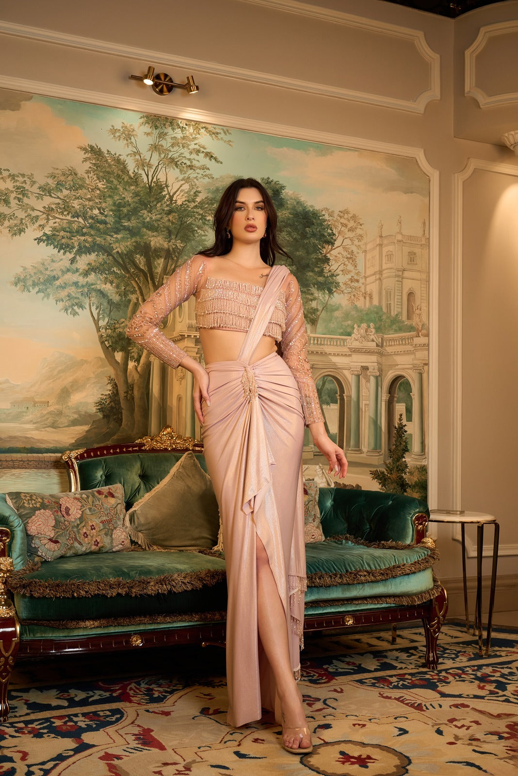 Pre-Stitched Saree with Full Sleeved Rose Gold Blouse