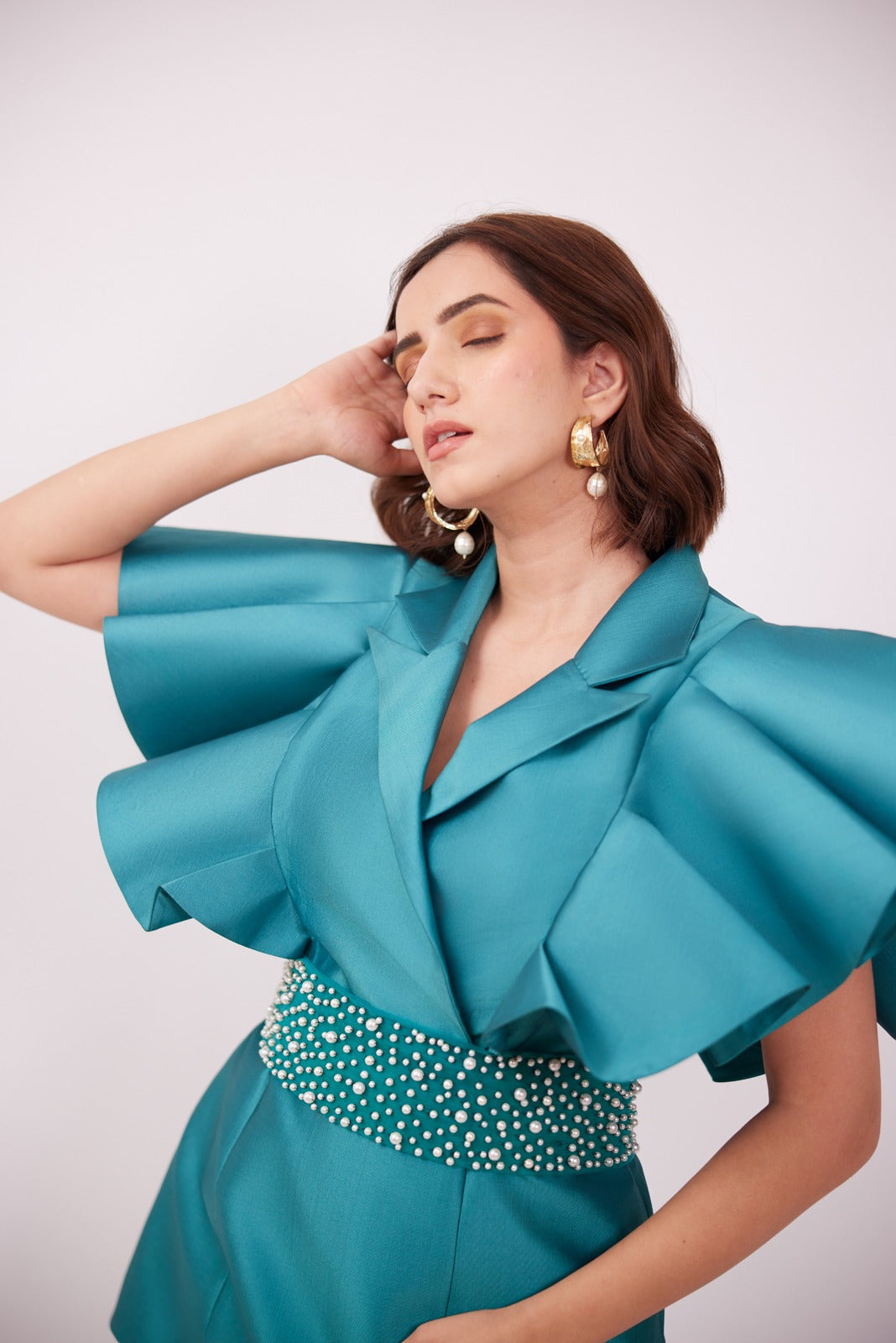 Green Co Ord Set With Pearl Embellished Belt – Glam