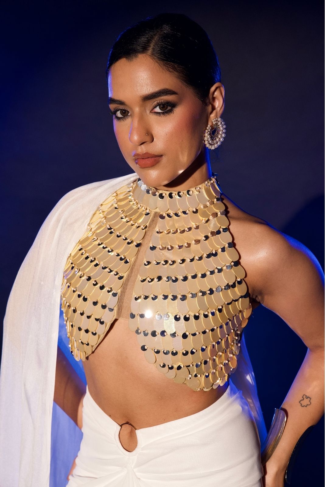 White And Gold Drape Skirt Set