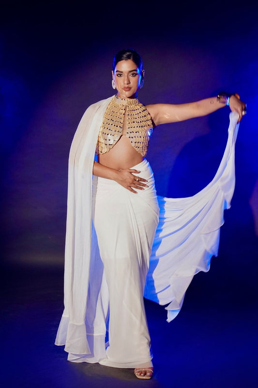 White And Gold Drape Skirt Set