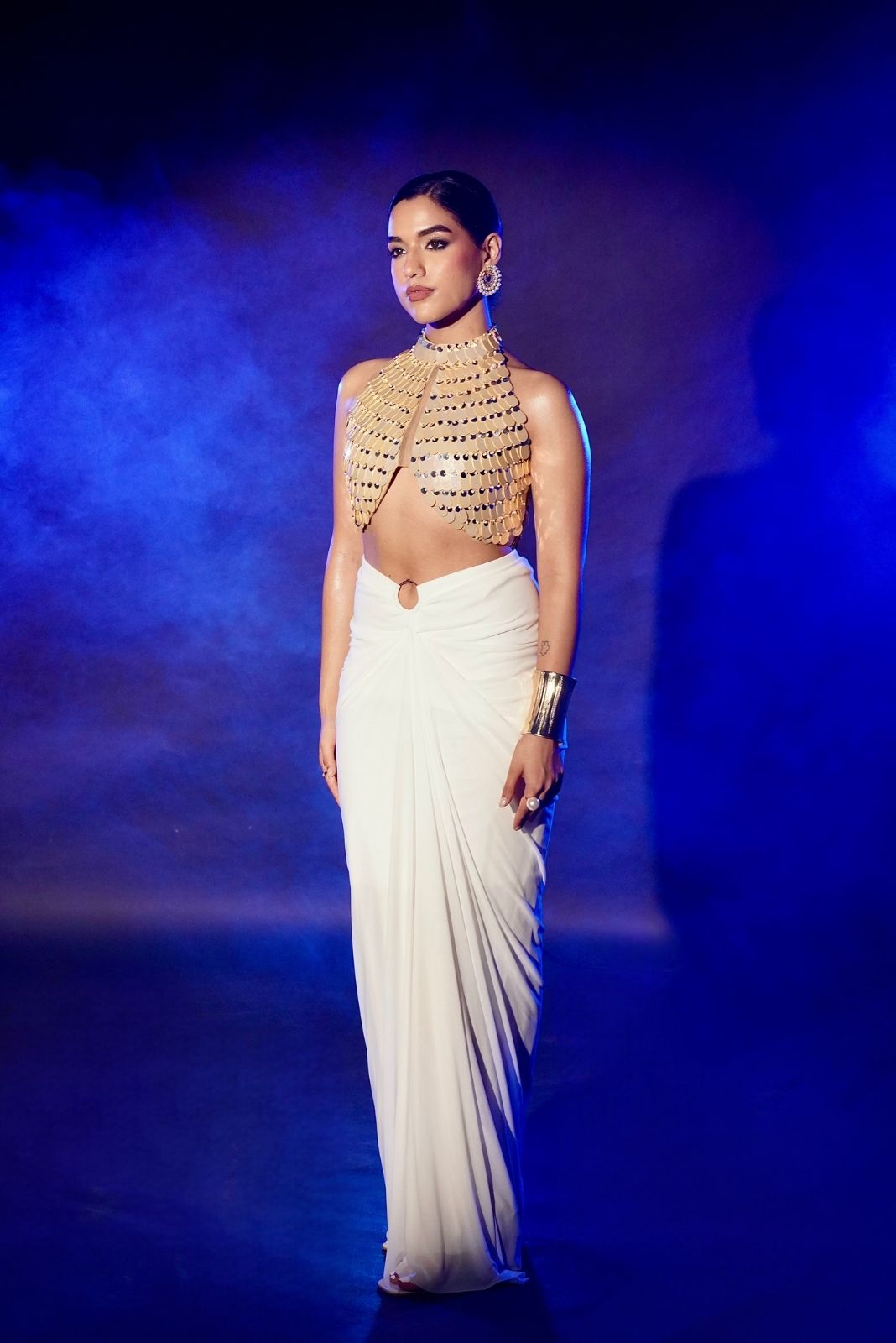 White And Gold Drape Skirt Set