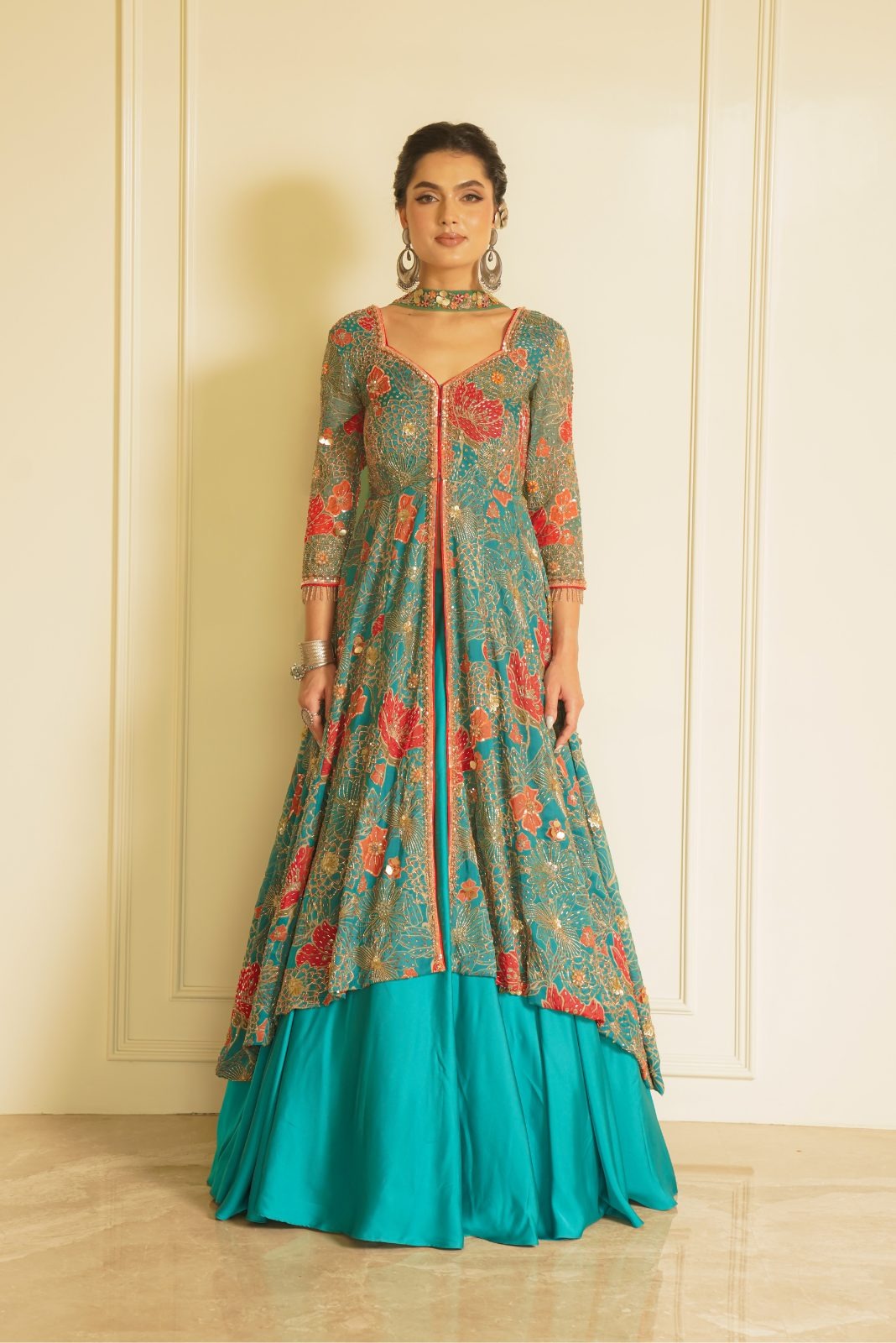 Green Printed Anarkali with Plain Lehenga – Fragrant Forest