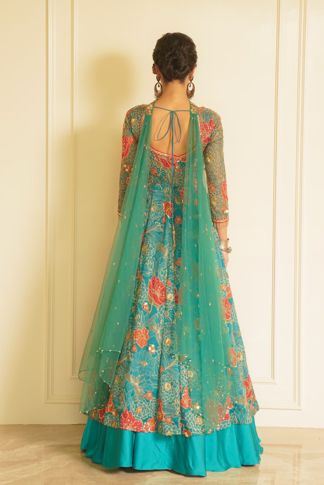 Green Printed Anarkali with Plain Lehenga – Fragrant Forest