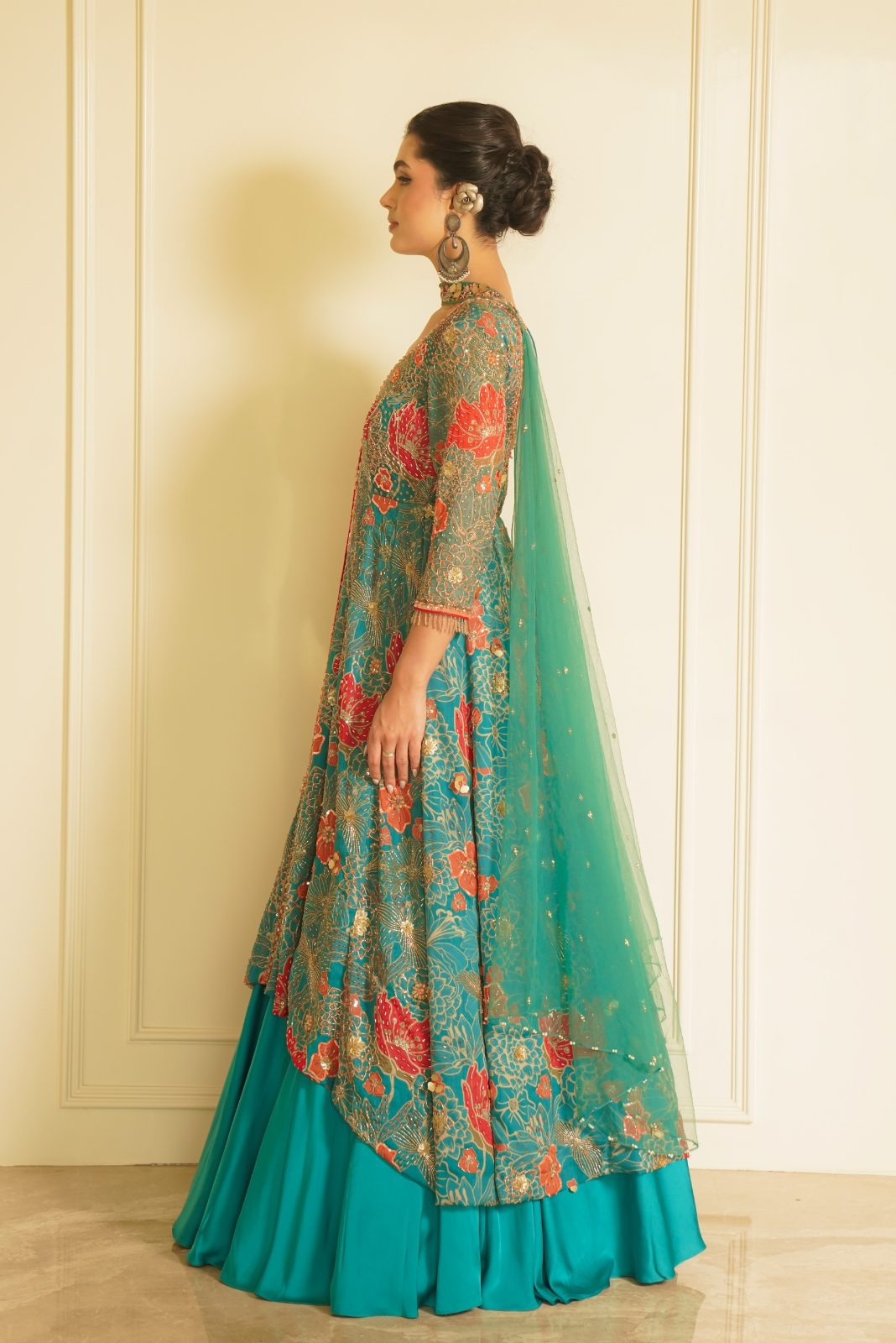Green Printed Anarkali with Plain Lehenga – Fragrant Forest