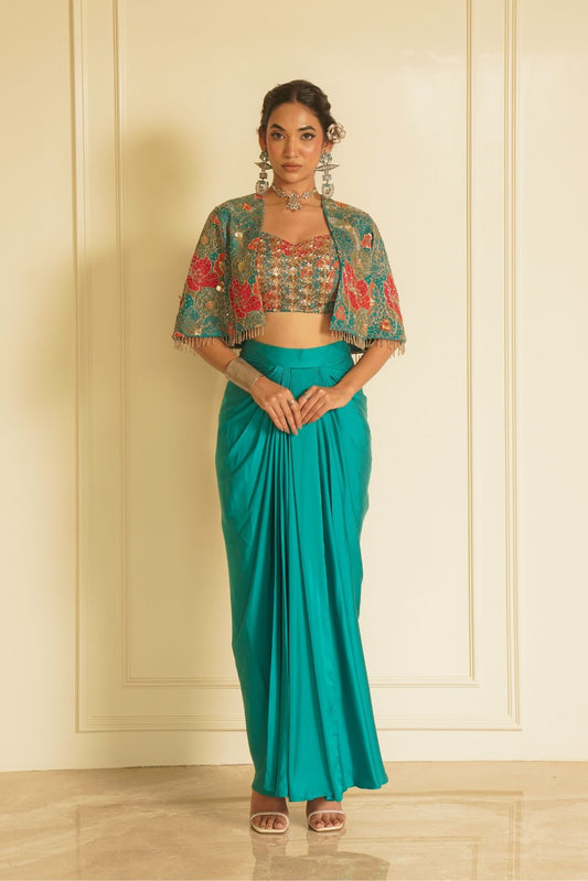 Green Printed Blouse with Drape Skirt and Jacket – Beautiful Bloom