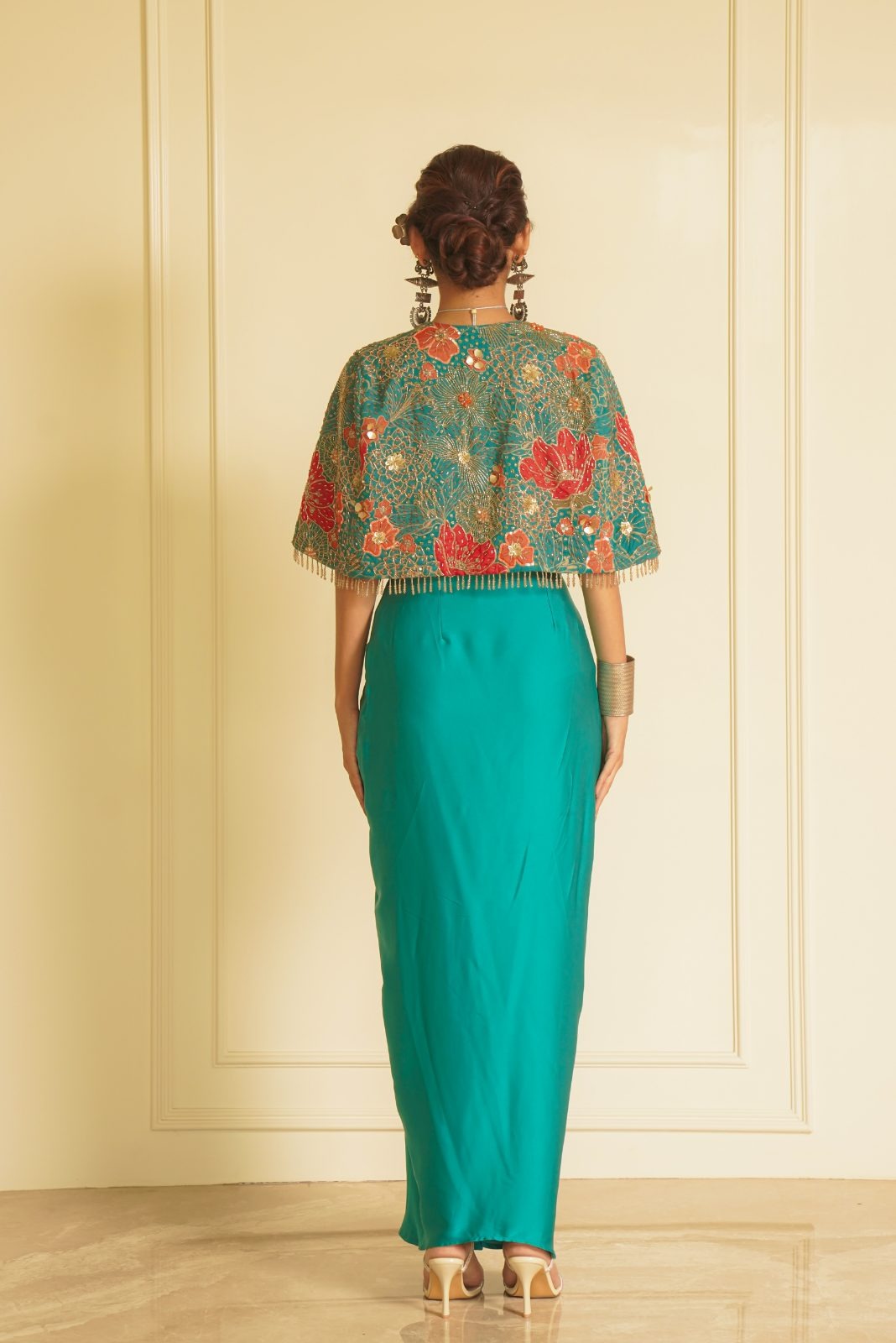 Green Printed Blouse with Drape Skirt and Jacket – Beautiful Bloom