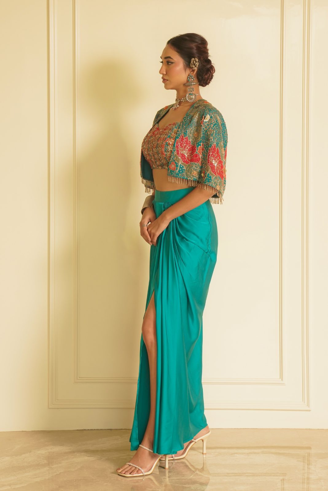 Green Printed Blouse with Drape Skirt and Jacket – Beautiful Bloom