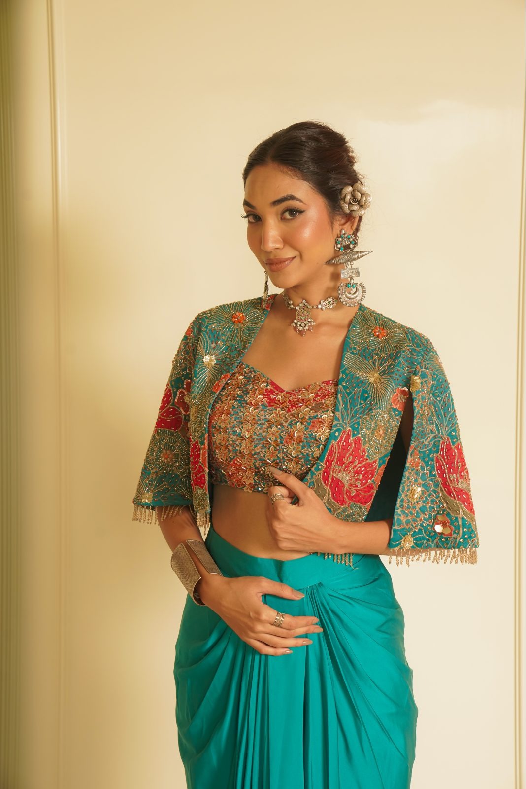 Green Printed Blouse with Drape Skirt and Jacket – Beautiful Bloom