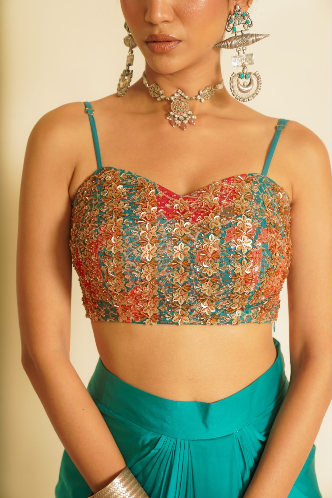 Green Printed Blouse with Drape Skirt and Jacket – Beautiful Bloom