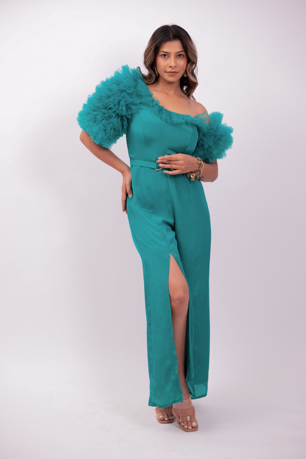 Green Ruffled One Sided Slit Jumpsuit With Belt – Melodrama