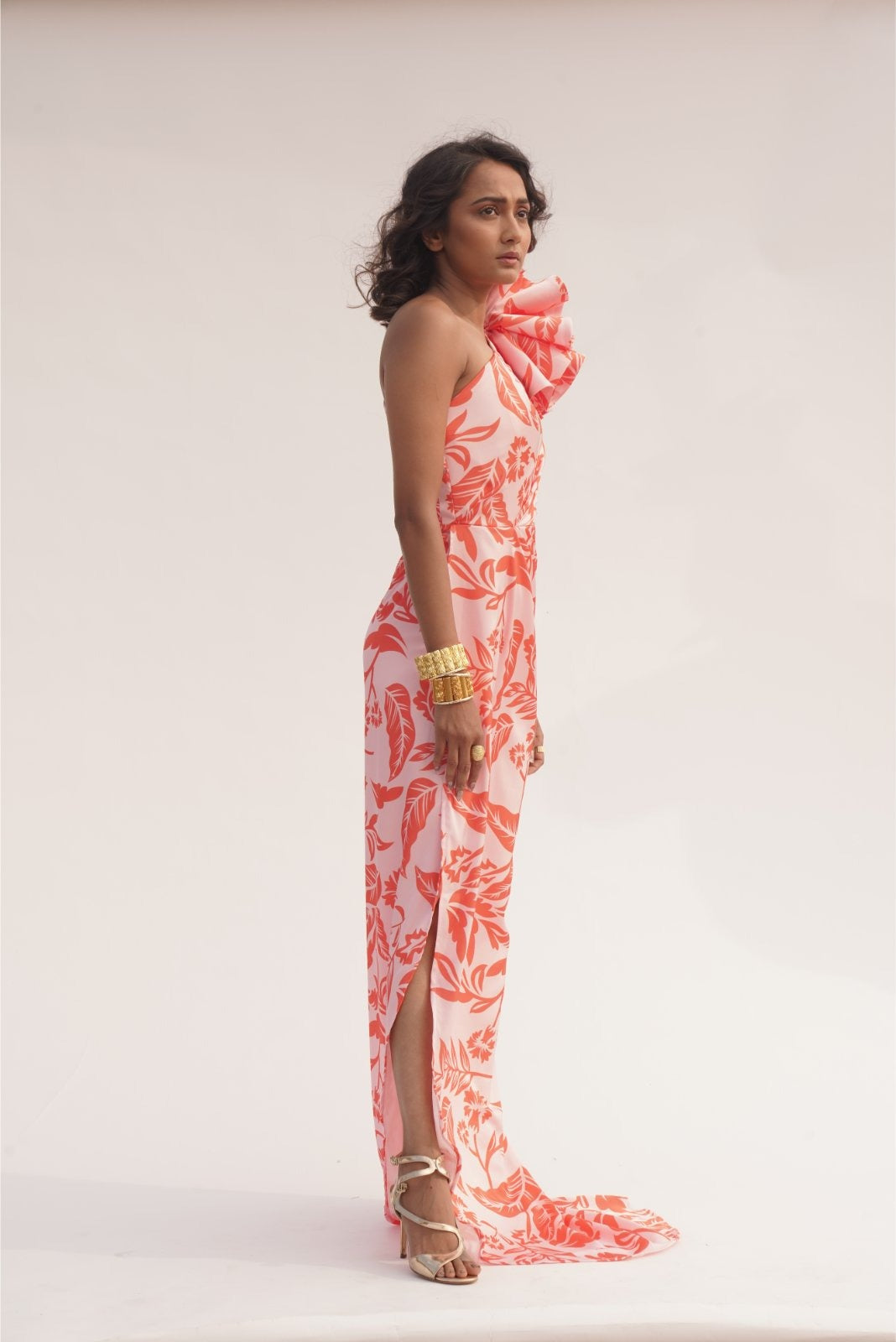 Baby Pink Printed Cutout Flower Slit Dress - Dream