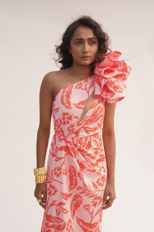Baby Pink Printed Cutout Flower Slit Dress - Dream