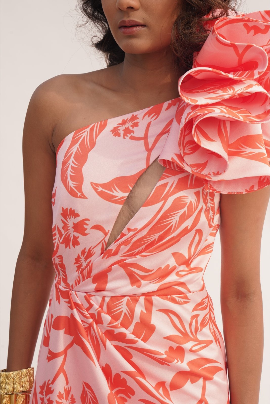 Baby Pink Printed Cutout Flower Slit Dress - Dream
