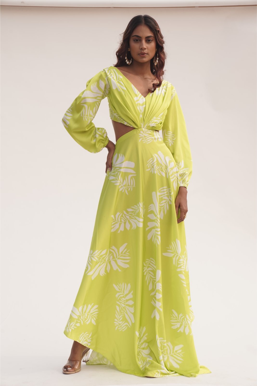 Lime Green Full Sleeved Side Cutout Gown - Grace