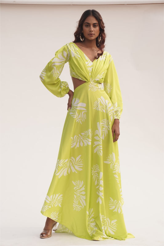 Lime Green Full Sleeved Side Cutout Gown - Grace