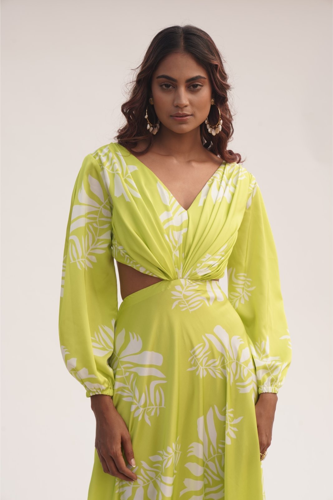 Lime Green Full Sleeved Side Cutout Gown - Grace