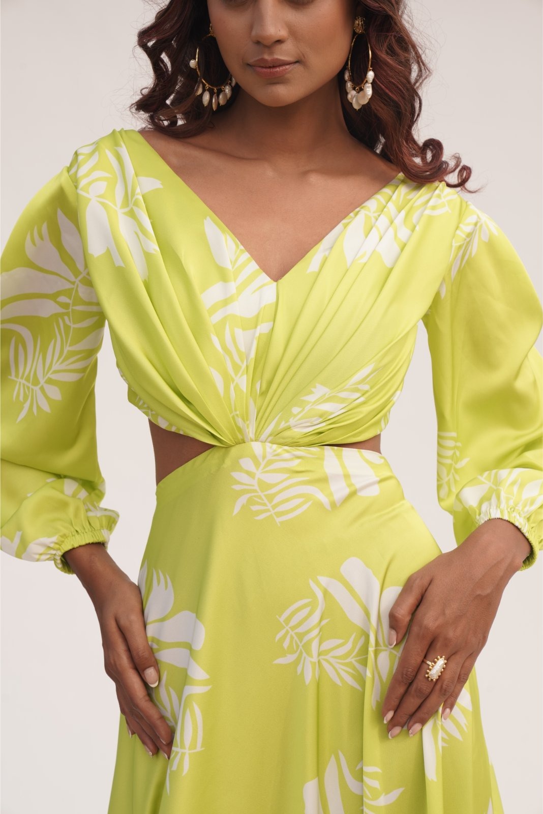 Lime Green Full Sleeved Side Cutout Gown - Grace