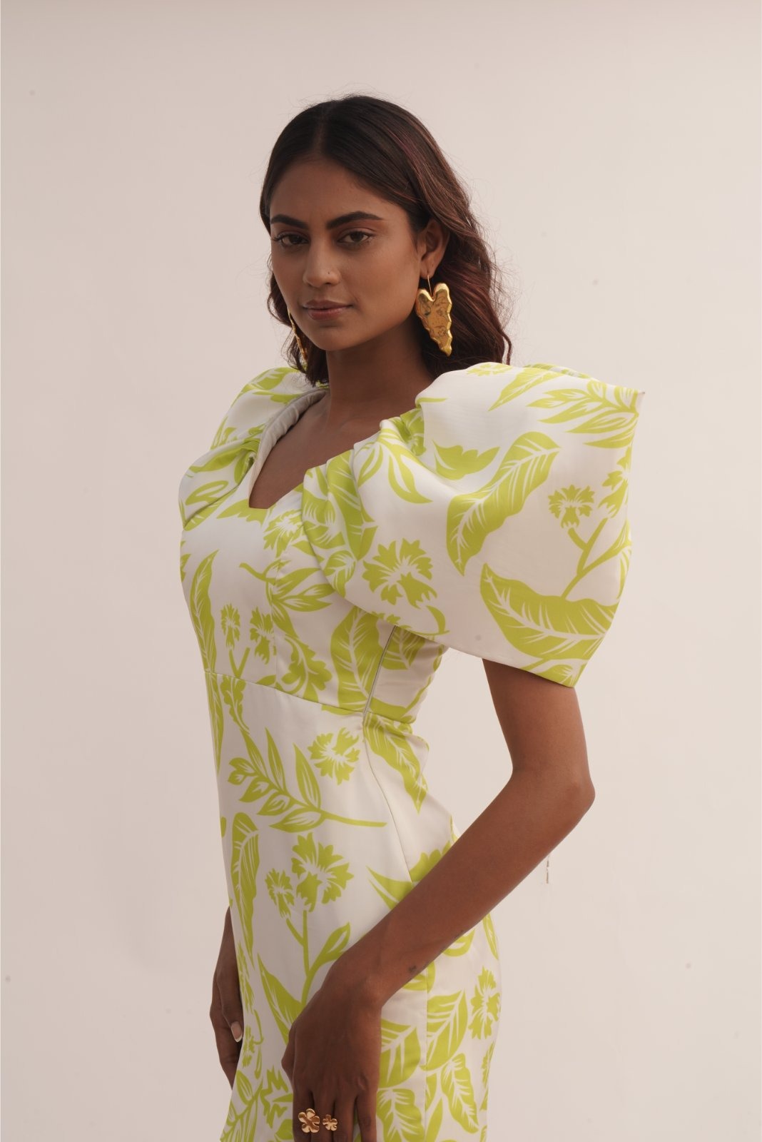 White Printed Structured Sleeve Short Dress - Sass