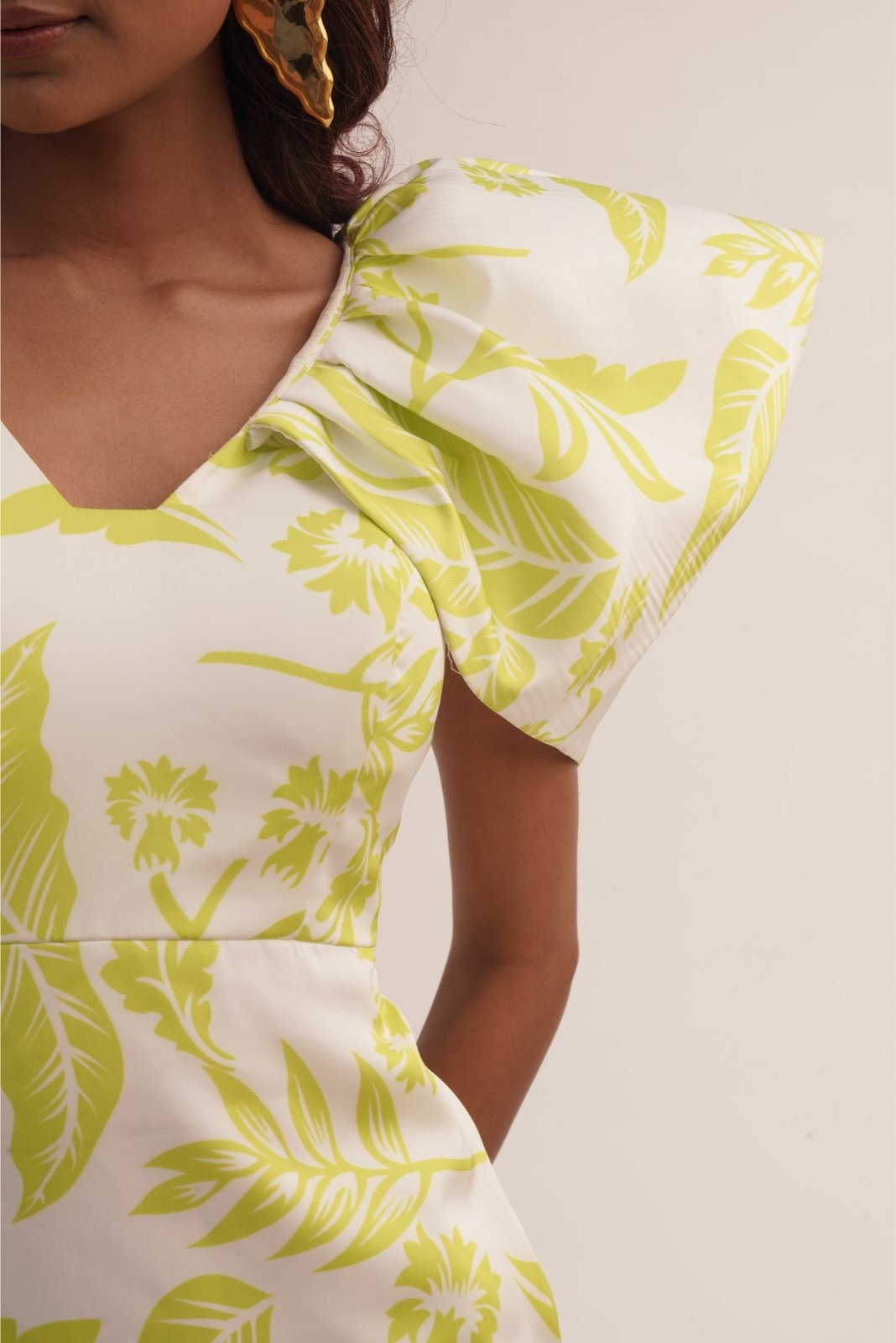 White Printed Structured Sleeve Short Dress - Sass