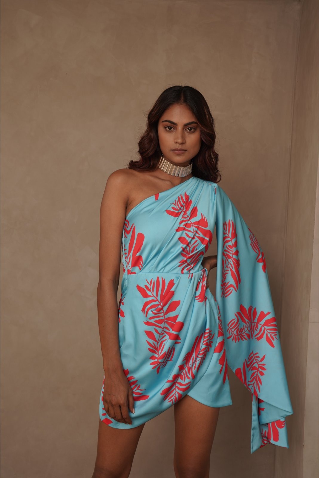 Blue One Shoulder Drape Dress- Flame