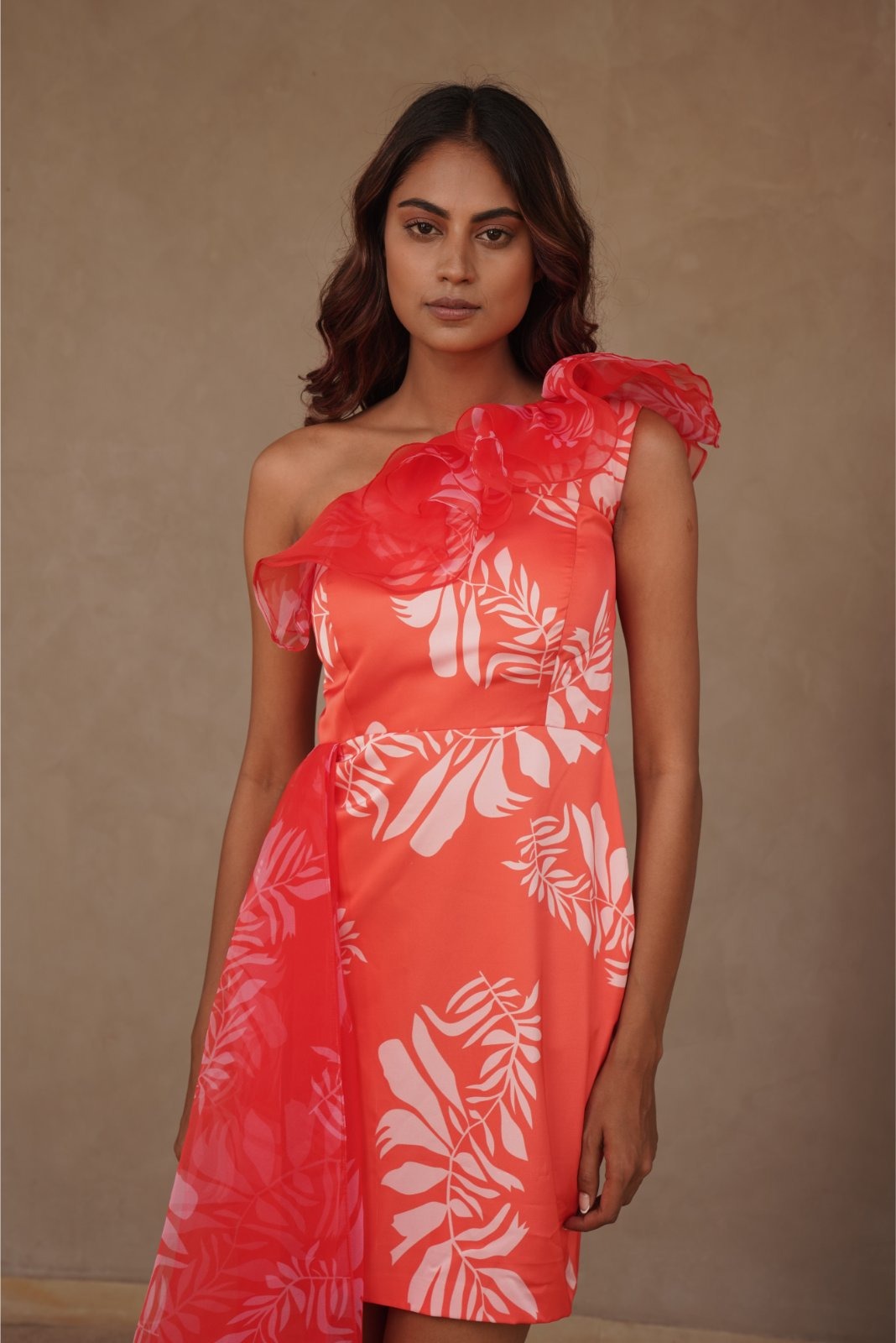 Orange Printed One Sided Ruffled Dress with Trail - Tangy
