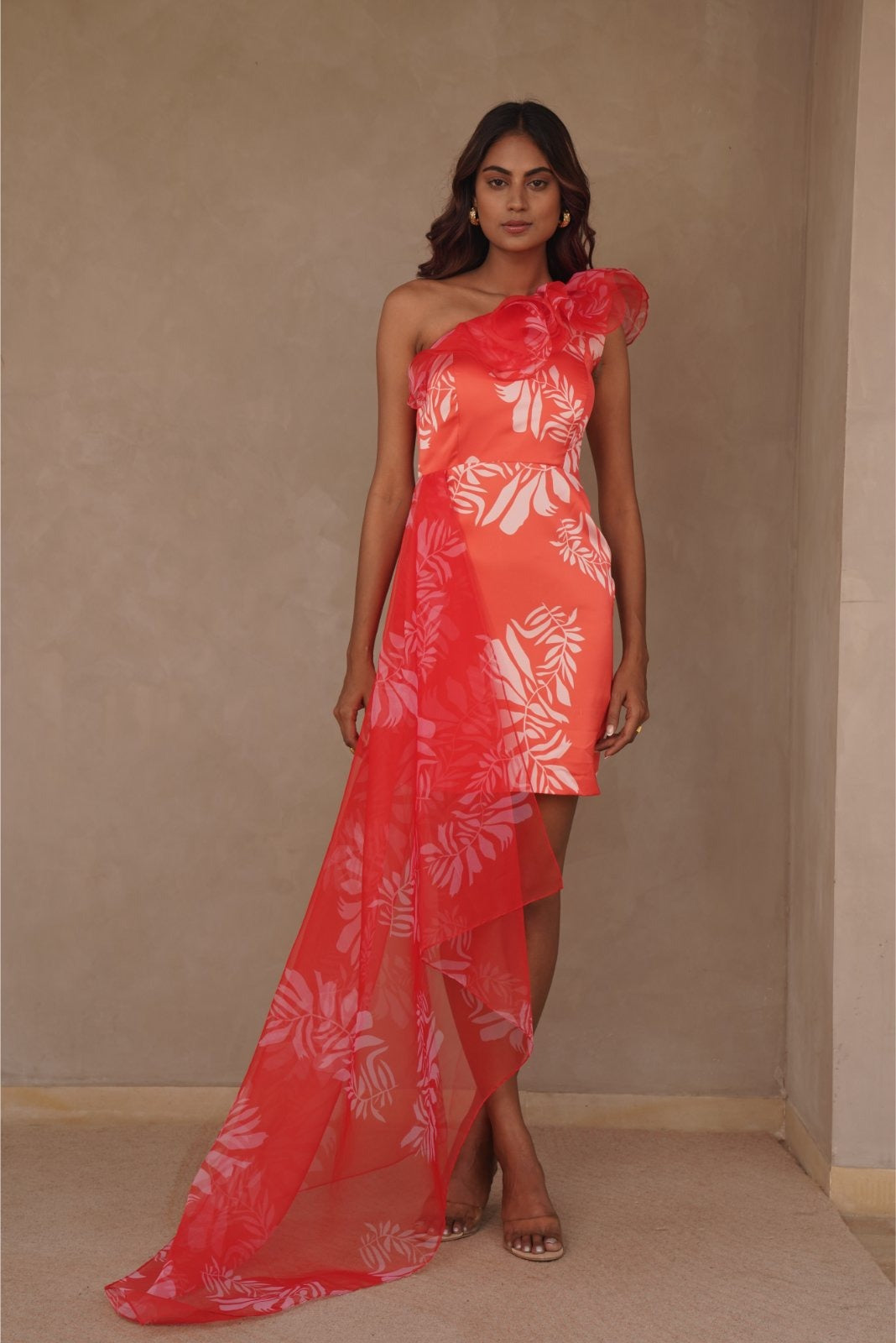 Orange Printed One Sided Ruffled Dress with Trail - Tangy