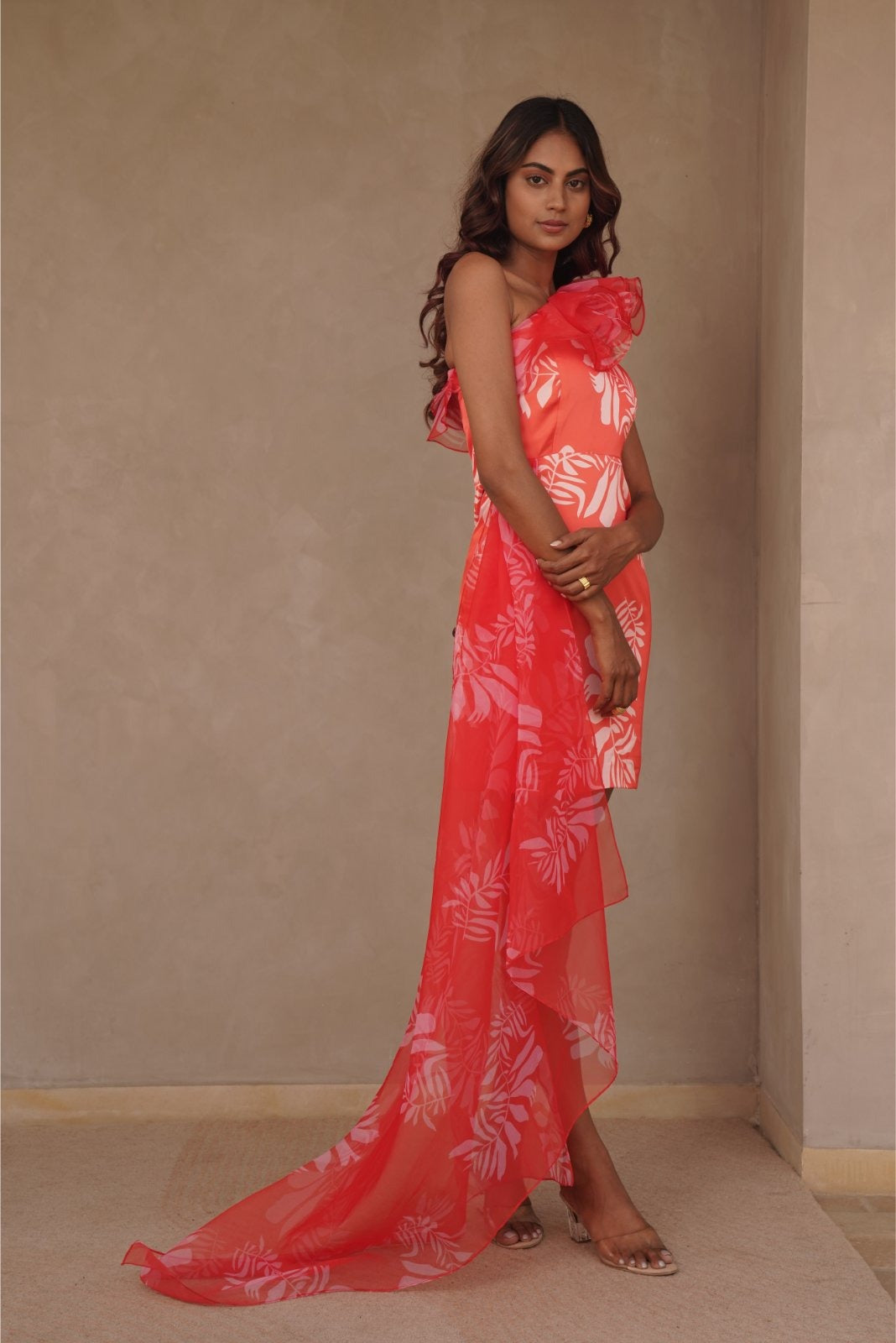 Orange Printed One Sided Ruffled Dress with Trail - Tangy