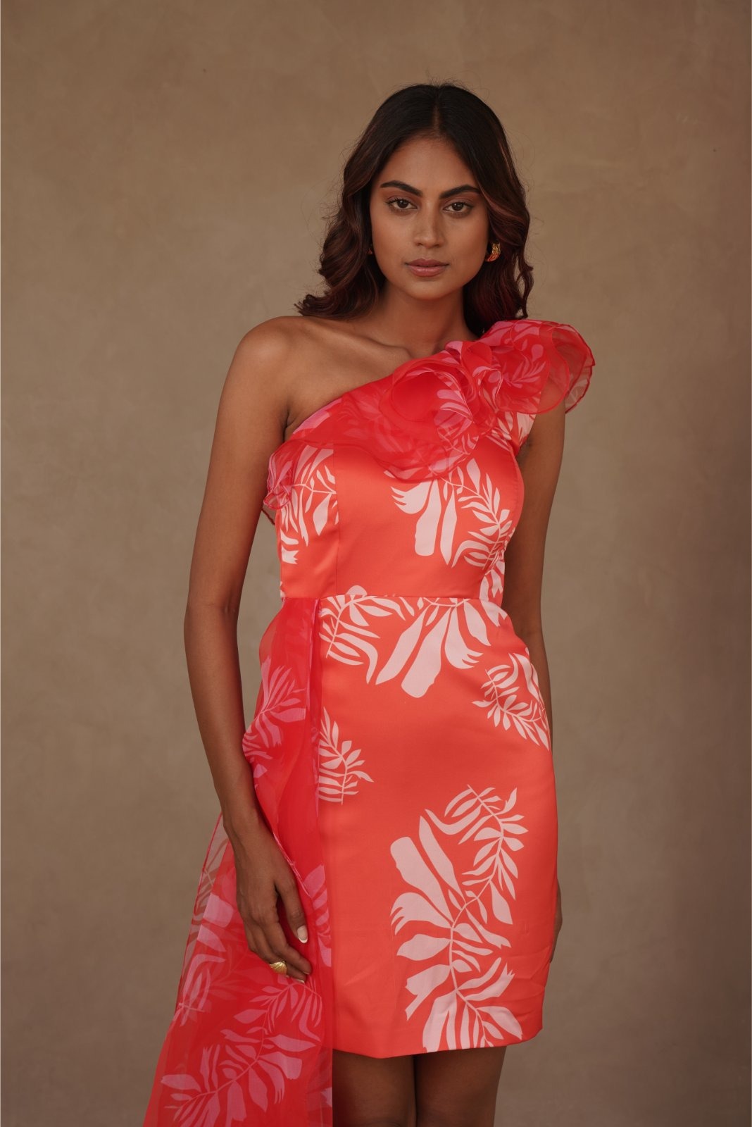 Orange Printed One Sided Ruffled Dress with Trail - Tangy