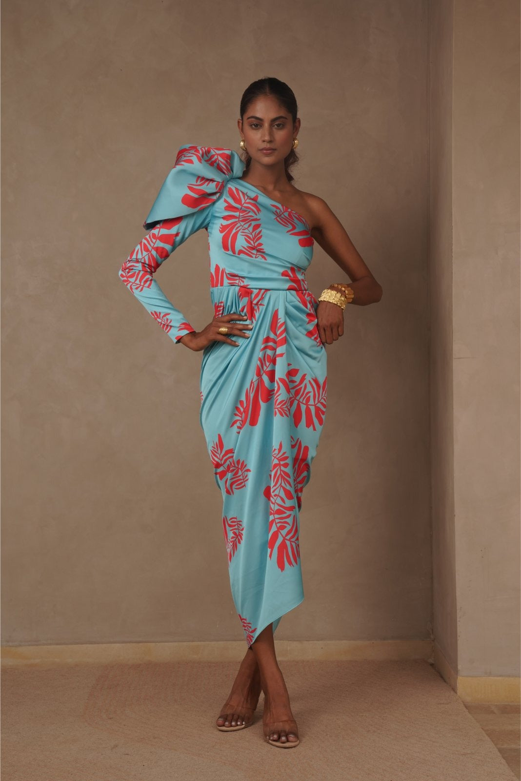 Blue Drape Dress with Structured Sleeve - Power