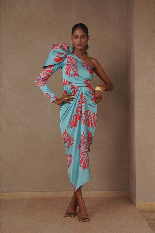 Blue Drape Dress with Structured Sleeve - Power