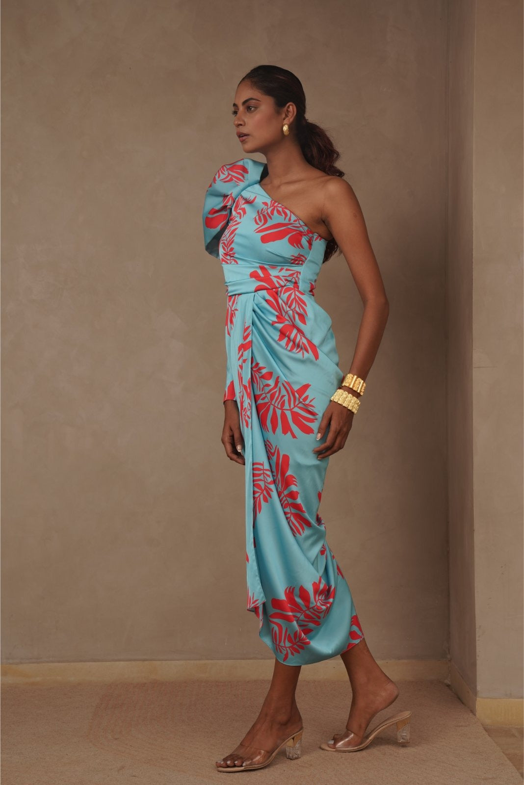 Blue Drape Dress with Structured Sleeve - Power